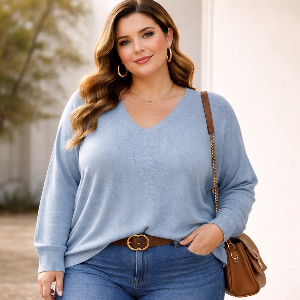 YARN & SEA Sweater Womens Plus Size 2X Blue V Neck Soft Knit Tunic Pullover NWT